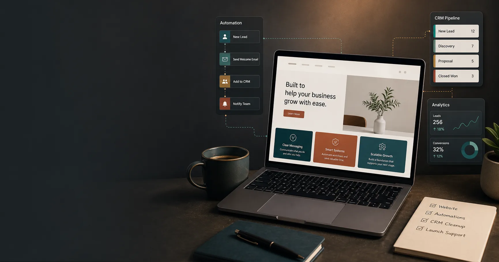 Example connected website, automation, CRM, and reporting system